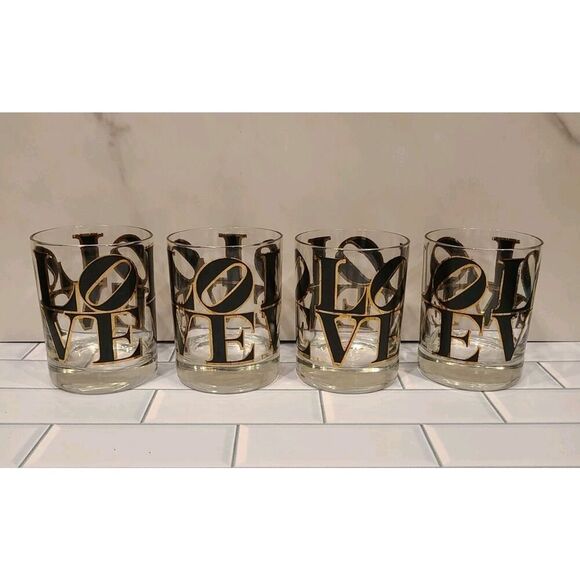 CERA MCM Glass Old Fashioned Rocks Glasses Cocktail Black & Gold 'LOVE' Set of 4 - Picture 3 of 16